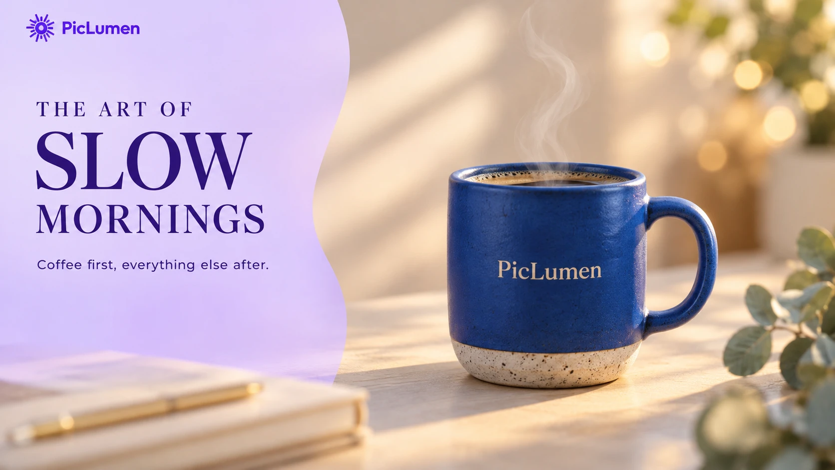 Slow mornings, sorted: a steaming PicLumen mug in soft morning light